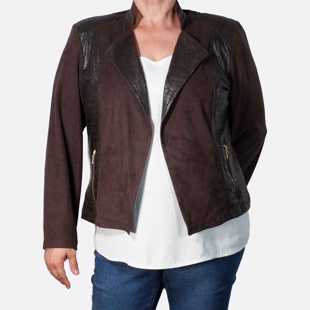 Chico's Faux Croc Embossed Panel Brown Suede Open Front Jacket L fits XL/1X